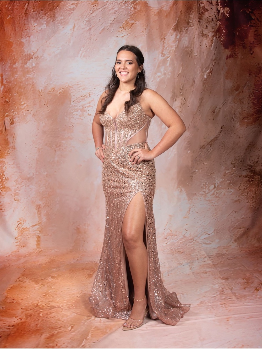 Sequin Mesh Evening Gown in Rose Gold